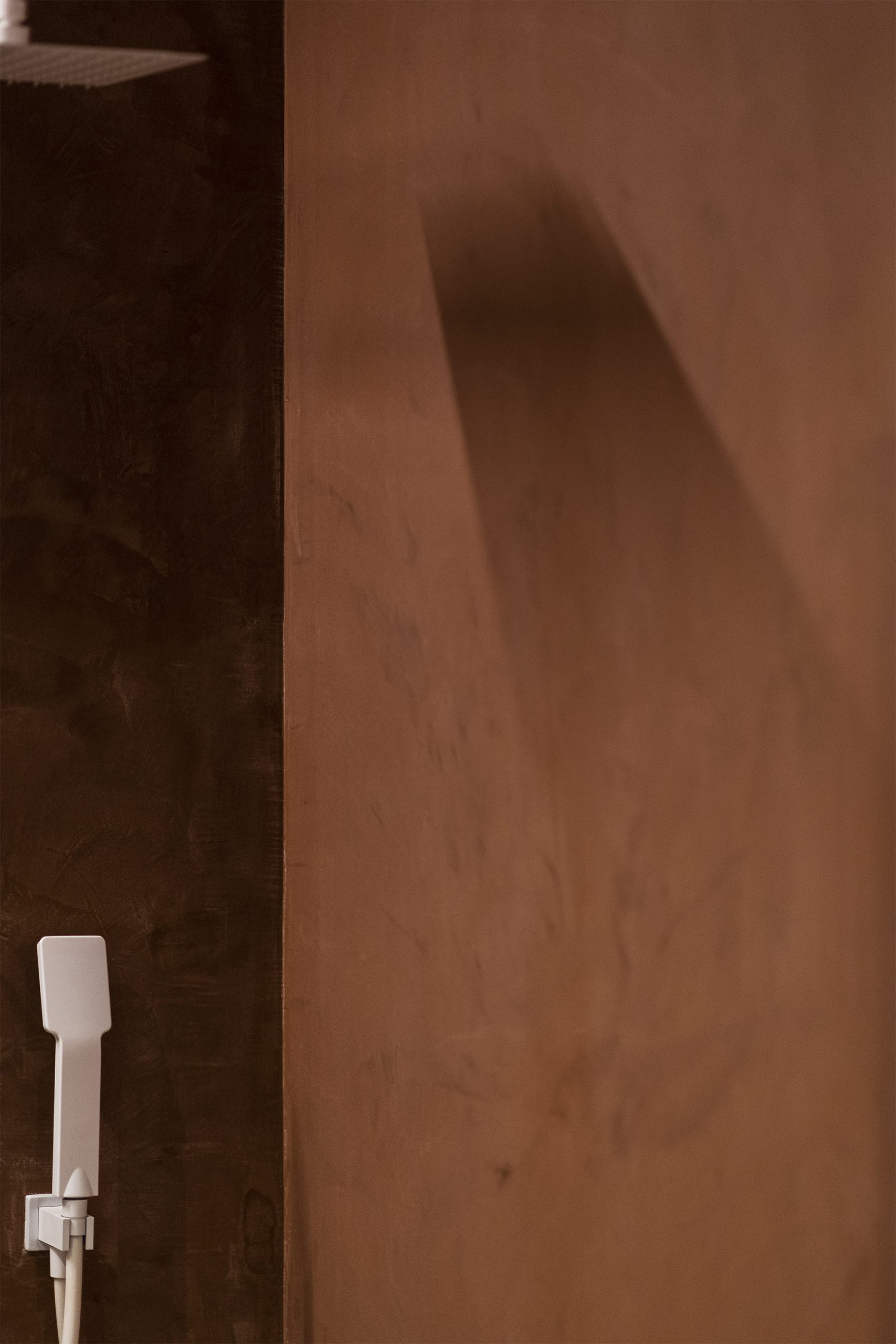 WC contemporâneo com revestimento argiloso e duche com torneiras brancas