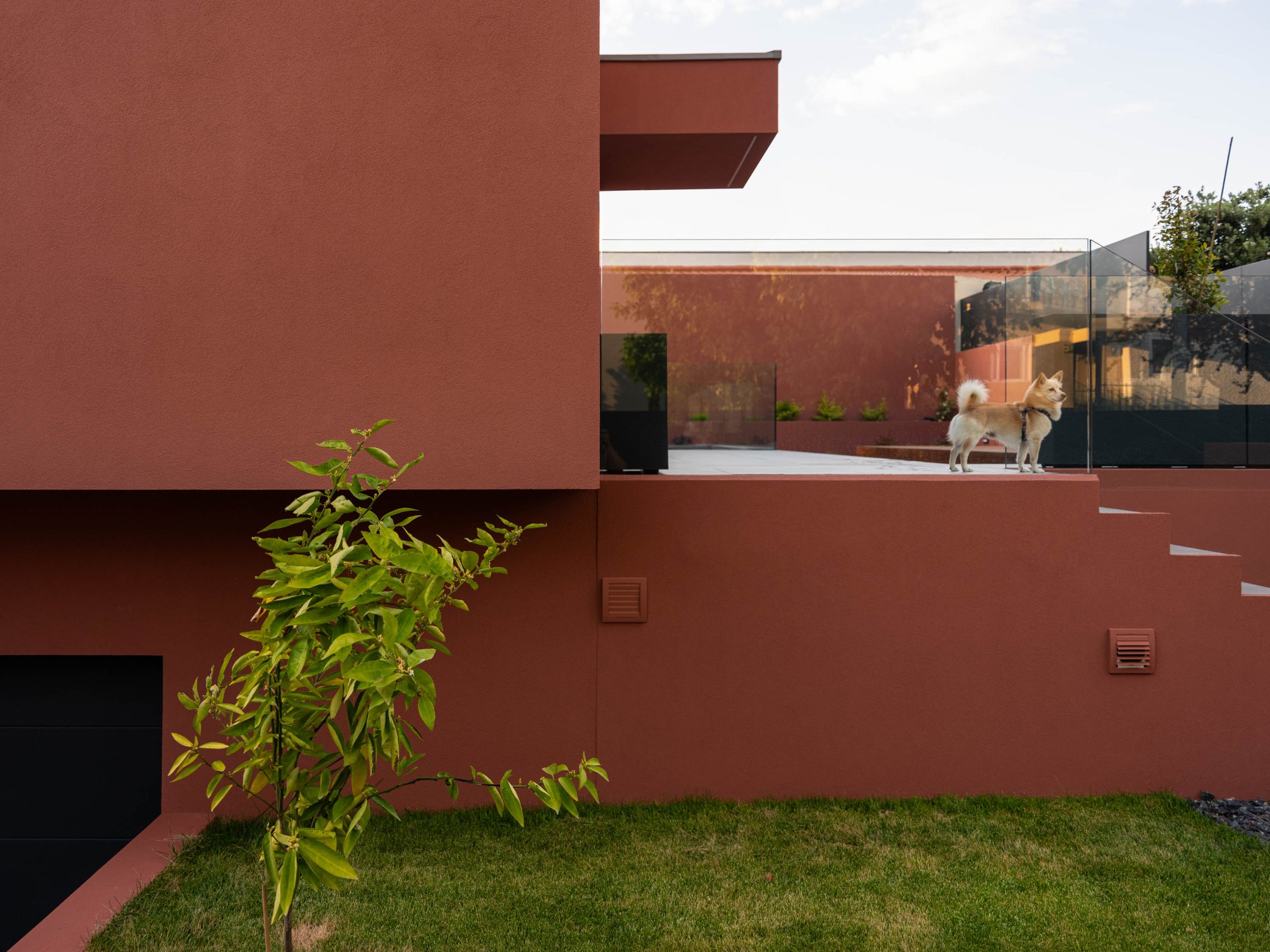 Fachada em tom vermelho/bordéus de moradia unifamiliar no Porto, projeto Utopia Arquitetura